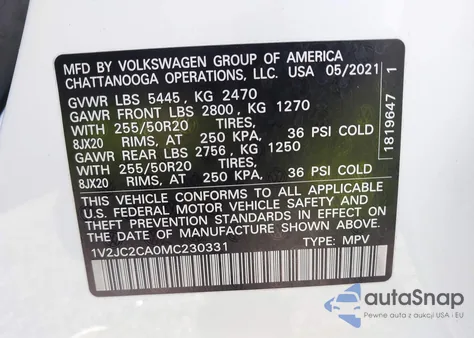 2021 Volkswagen Atlas Cross Sport 2.0T Se W/Technology z USA, uszkodzony, nr VIN 1V2JC2CA0MC230331